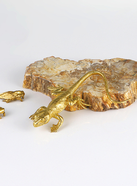 黄铜壁虎天然木化石家居装饰摆件