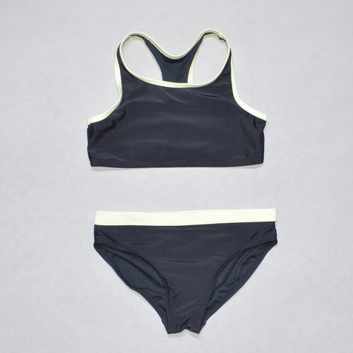 美国原单GEOR****经典黑色配红黄蓝边海滩度假分体泳衣女童中大童 - 图1