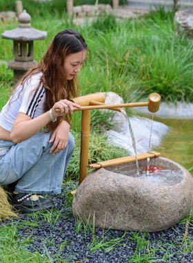 日式仿鹅卵石石钵竹子流水器户外庭院花园阳台景观招财循环水摆件