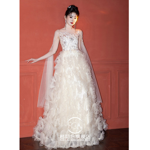 香槟色晚礼服裙女18岁高中生日成人礼高端主持人订婚敬酒晨袍婚纱 - 图3