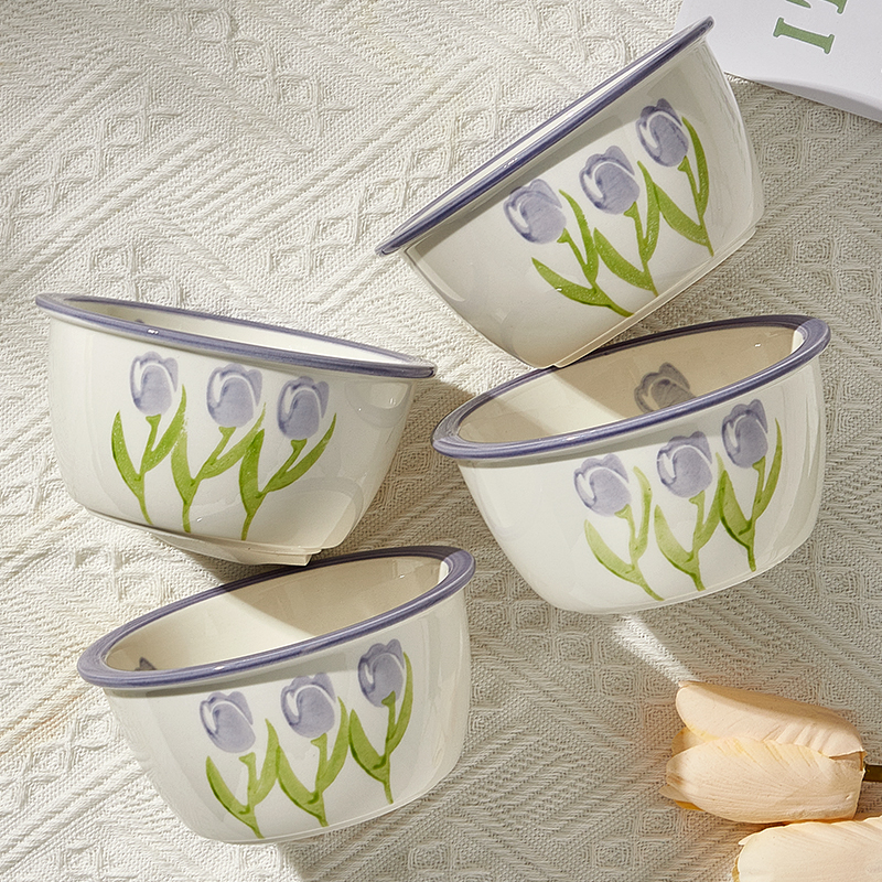 清新陶瓷米饭碗家用4.5英寸郁金香碗网红高颜值盘子碗碟套装餐具 - 图0