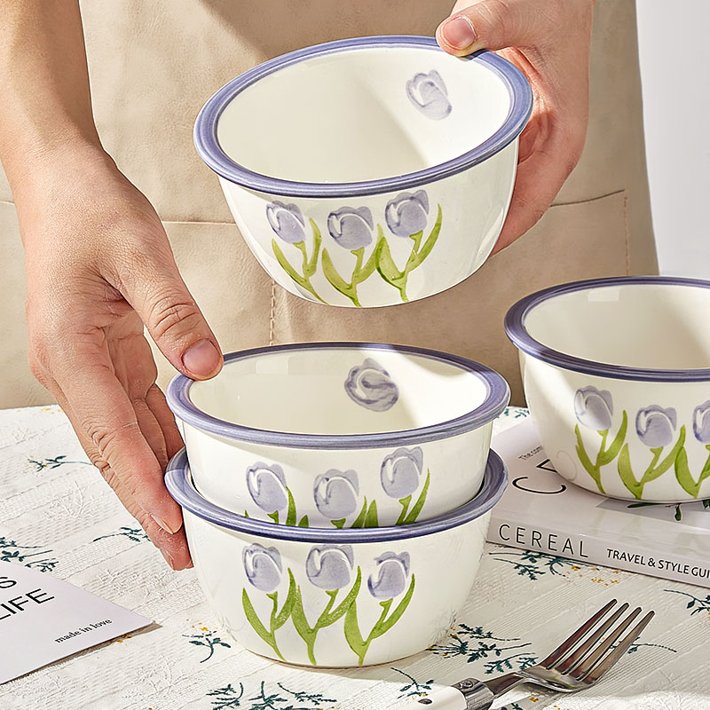 清新陶瓷米饭碗家用4.5英寸郁金香碗网红高颜值盘子碗碟套装餐具 - 图3