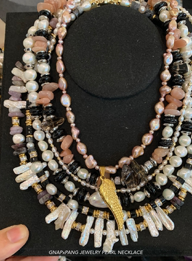原创太阳石茶晶珍珠项链嘻哈男