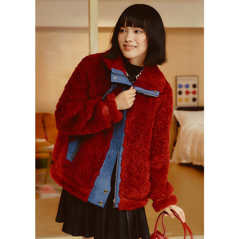 EF复古撞色拼接口袋设计羊羔毛大衣2025冬季新款保暖短款外套,淘宝优惠券,粉丝福利购,淘宝优惠卷