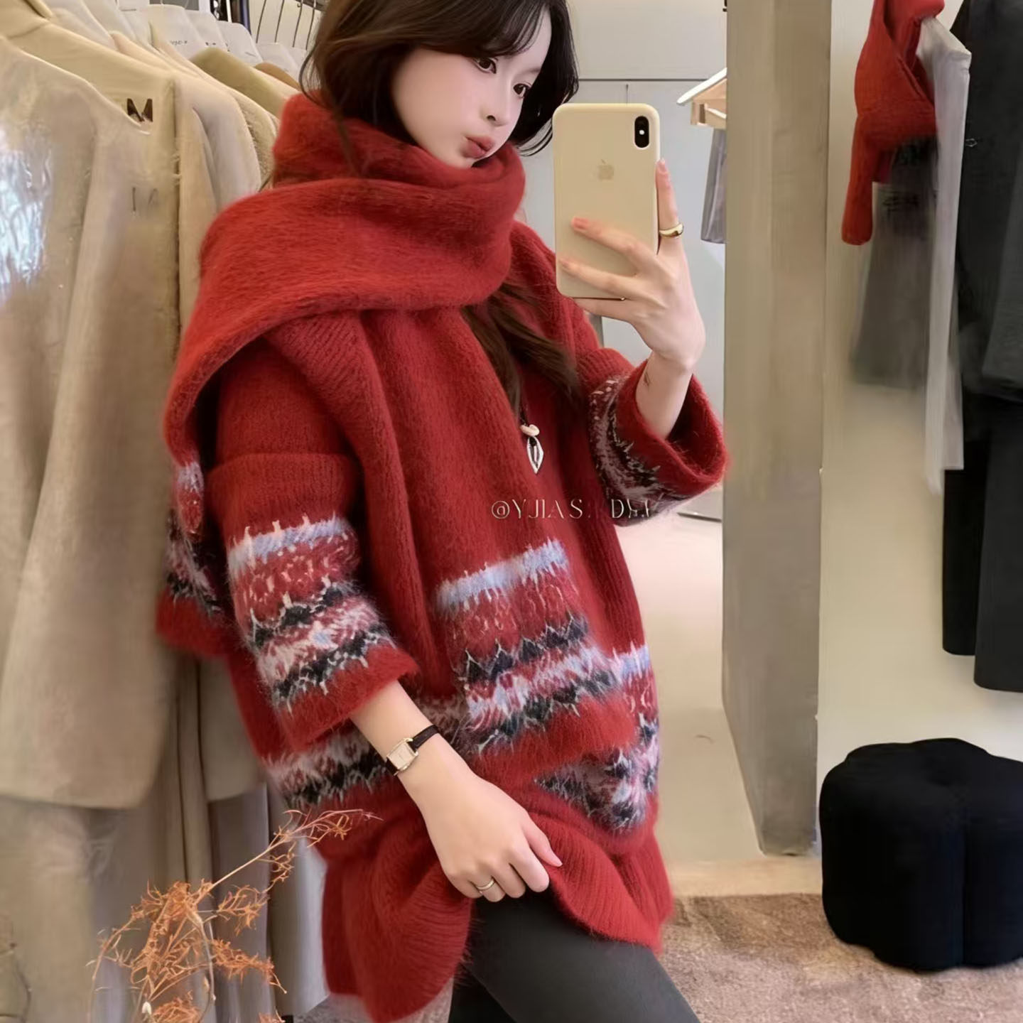 费尔岛风新年圣诞红提花毛衣套装女秋冬新款复古慵懒风针织三件套,淘宝优惠券,粉丝福利购,淘宝优惠卷