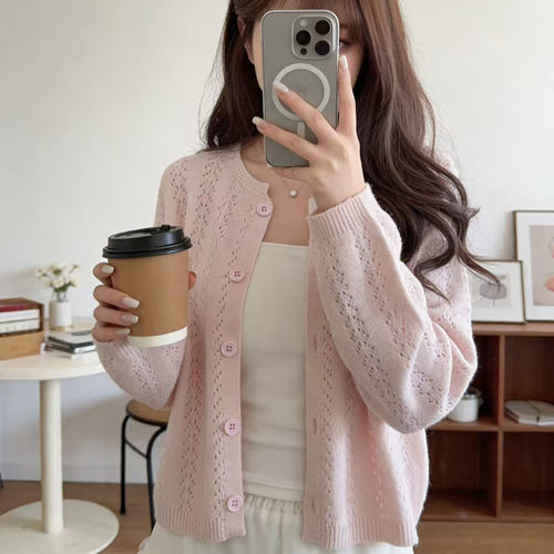 清新甜美韩系钩花镂空针织开衫女春夏新款温柔休闲百搭显瘦上衣潮 - 图2