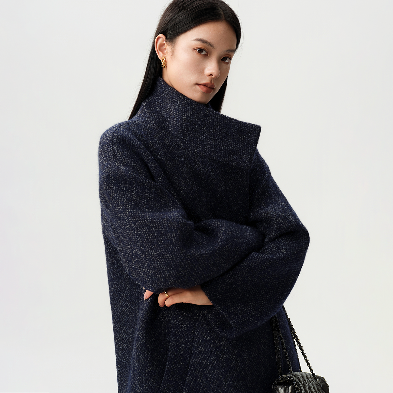 马海毛羊毛色织肌理中长款大衣 大翻领立领多穿 立挺有型定织定染 - 图1