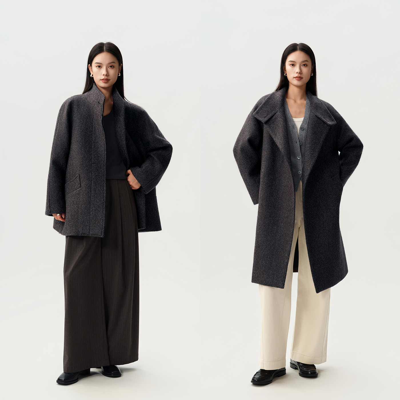 马海毛羊毛色织肌理中长款大衣 大翻领立领多穿 立挺有型定织定染 - 图0