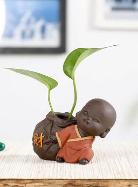 可爱小和尚紫砂装饰品摆件创意迷你小花器水培花插办公室书桌装饰