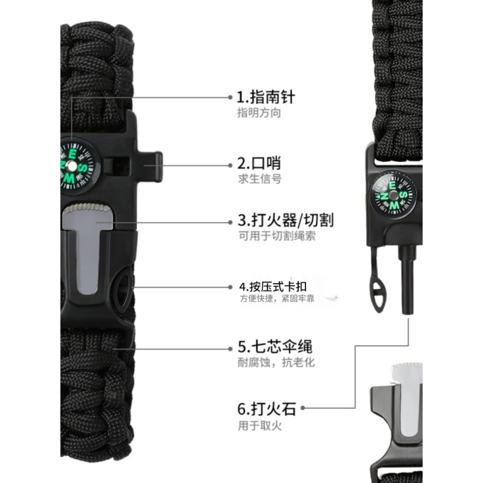 同款伞绳手链手工编织手环指南针口哨打火石户外冒险求生应急-图2