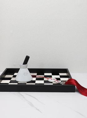 北欧轻奢黑白格马毛托盘摆件样板间家居客厅桌面长方形收纳装饰品