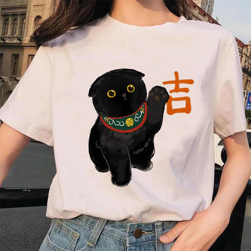 Cute cat T-shirt 可爱卡通吉祥猫咪圆领短袖T恤女上衣圆领潮INS - 图1