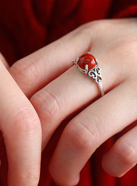 复古925银祥云玛瑙镂空开口戒指