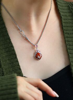 复古925银蝴蝶方形玛瑙项坠女