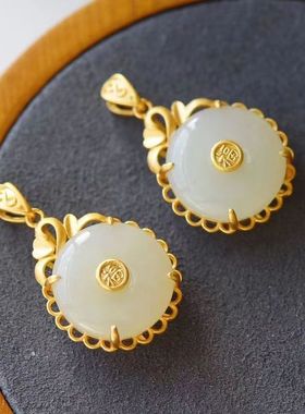 S925银天然玉羊脂玉平安扣吊坠女民族风银古法金饰品小福字款项链