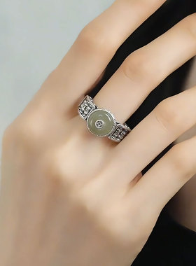 复古925银如意铜钱平安扣戒指女