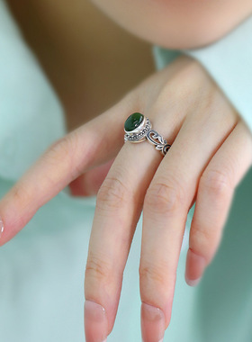 复古925银卷草纹碧玉开口戒指女