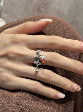 复古925银吉言秤砣南红流苏戒指