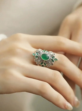 复古925银碧玉花丝镂空小众戒指