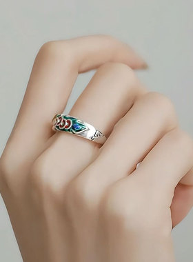 复古925银五帝钱珐琅开口戒指女