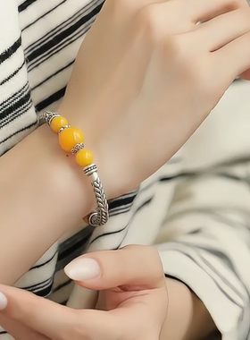 复古925银蜜蜡叶子弯管国风手串