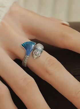 925银复古滴胶锦鲤戒指女新中式小众开口可调节食指戒民族风指环