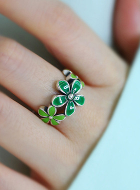 925银珐琅绿色小花朵开口食指戒