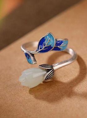 戒指女S925银和田气质景泰蓝叶子