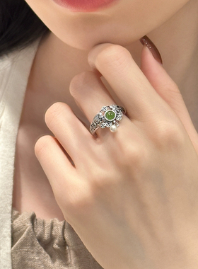 复古925银碧玉招财钱币活口戒指