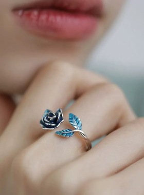 925银蓝玫瑰花叶子复古开口戒女