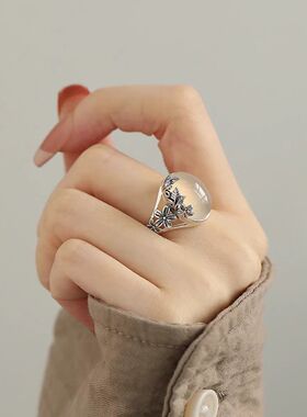 925银新中式椭圆花叶蛋面戒指女