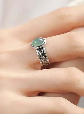 复古925银蛋面竹叶编织活口戒指