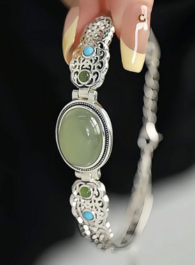 925银复古椭圆碧玉手镯女新中式镂空花纹小众设计开口可调节手链
