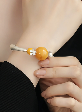 925银新中式蜜蜡小花弯管手镯女