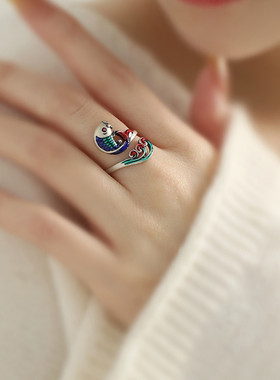 复古925银滴釉锦鲤开口国风戒指