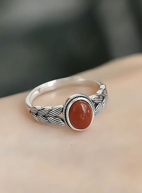 925银麦穗南红复古风开口戒指女