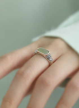 复古925银花纹碧玉开口戒指女