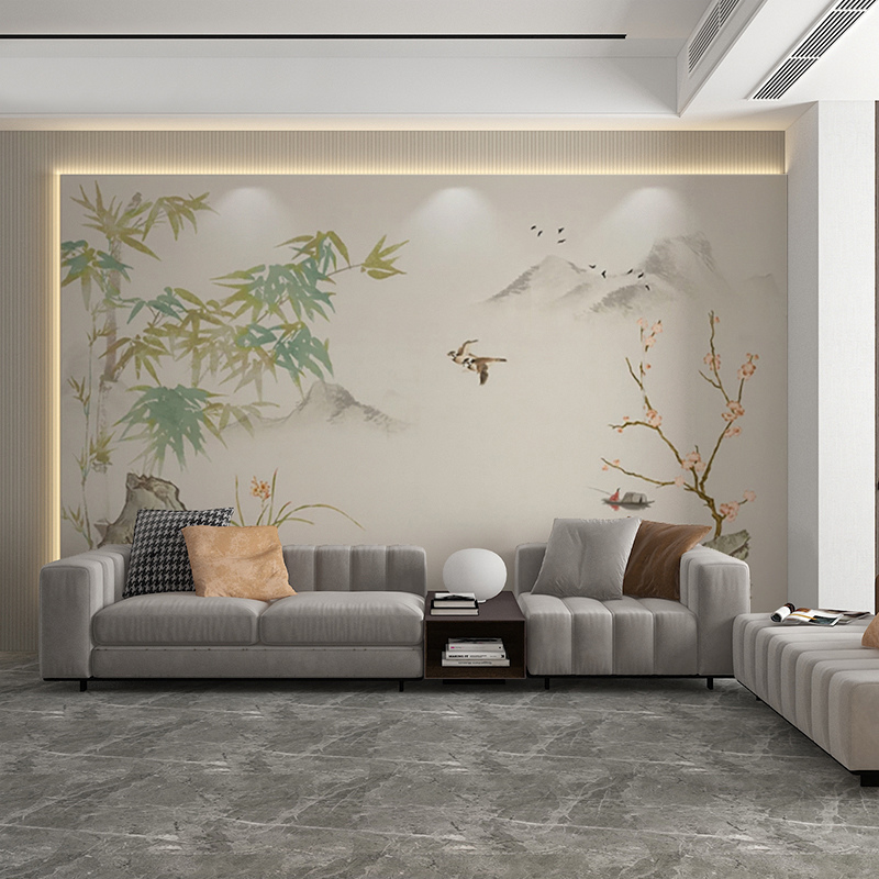 现代新中式客厅沙发电视背景墙轻奢简约壁纸水墨山水花鸟墙布壁画 - 图2