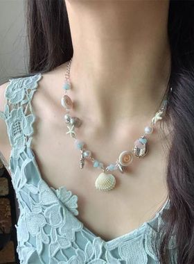 精致贝壳海星串珠项链女2025新款海边度假风小众蓝色锁骨链海洋