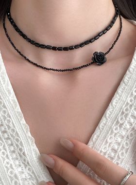 双层黑色米粒串珠玫瑰花朵项链女款2025新款高级感轻奢小众锁骨链