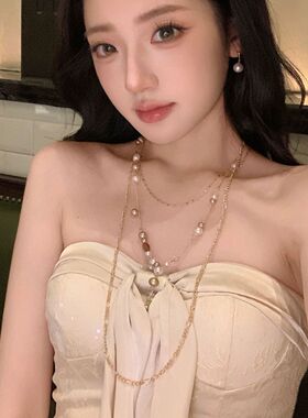 复古法式珍珠多层叠戴项链长款小香风千金感锁骨链轻奢气质毛衣链