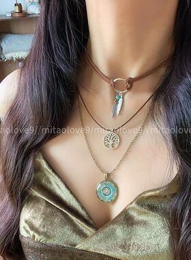 民族风曼陀罗羽毛吊坠项链女小众设计感复古波西米亚风叠戴锁骨链