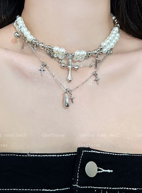 属于自己的大秀!双层珍珠十字架项链女款哥特风锁骨链choker项圈