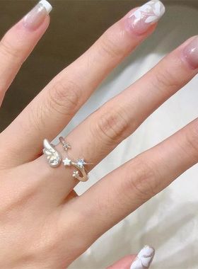 银色羽翼星星戒指女ins小众设计感开口可调节食指戒轻奢百搭指环