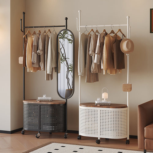 中古风穿衣镜衣帽架一体高级感可移动收纳架家用卧室多功能挂衣架 - 图3