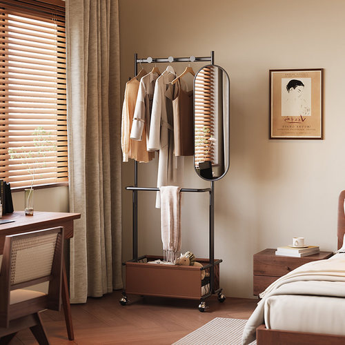中古风卧室落地衣帽架穿衣镜一体衣服收纳架子高级感可移动挂衣架 - 图3