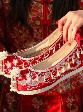 婚鞋女2023新款主婚纱新娘鞋秀禾礼服伴娘法式高跟鞋亮片古风细跟