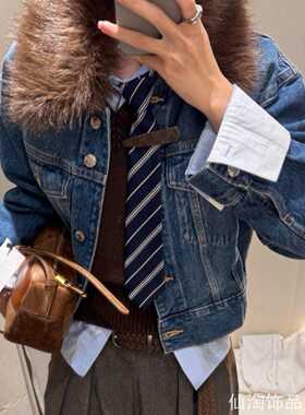 藏青色底双白斜纹免打领带学院女生通勤衬衣可调节挂脖小领带
