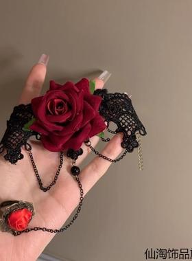 红色玫瑰戒指手链一体哥特配饰万圣节cos道具蕾丝手腕手链复古