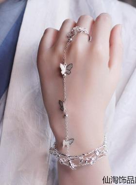 2023新款戒指国风银蝶2023新款戒指手镯配饰cos古风蝴蝶铃铛手链